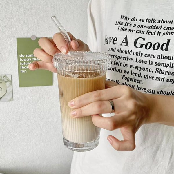 Simple Stripe Glass Coffee Mug – 400ml Transparent Cup with Handle for Hot or Cold Drinks - Image 2