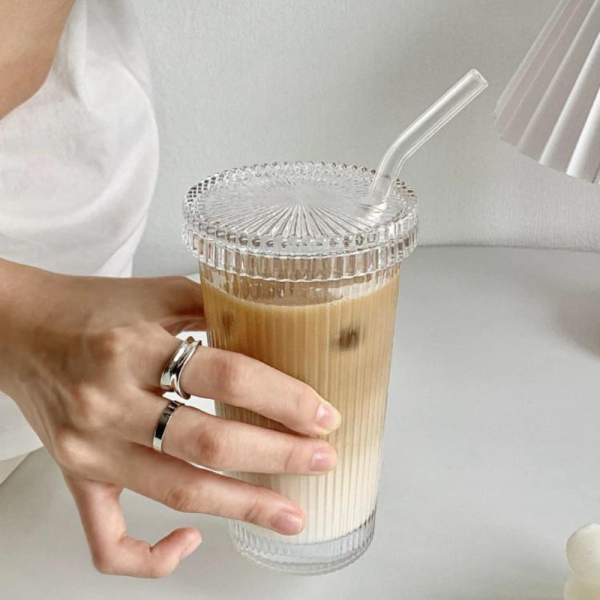 Simple Stripe Glass Coffee Mug – 400ml Transparent Cup with Handle for Hot or Cold Drinks - Image 3