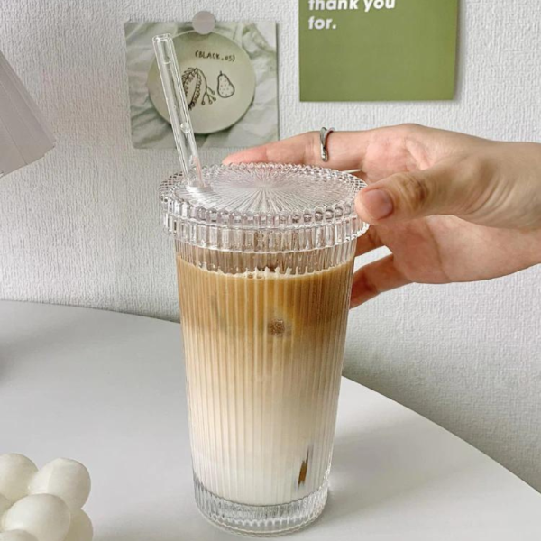 Simple Stripe Glass Coffee Mug – 400ml Transparent Cup with Handle for Hot or Cold Drinks - Image 4