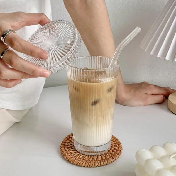 Simple Stripe Glass Coffee Mug – 400ml Transparent Cup with Handle for Hot or Cold Drinks - Image 5