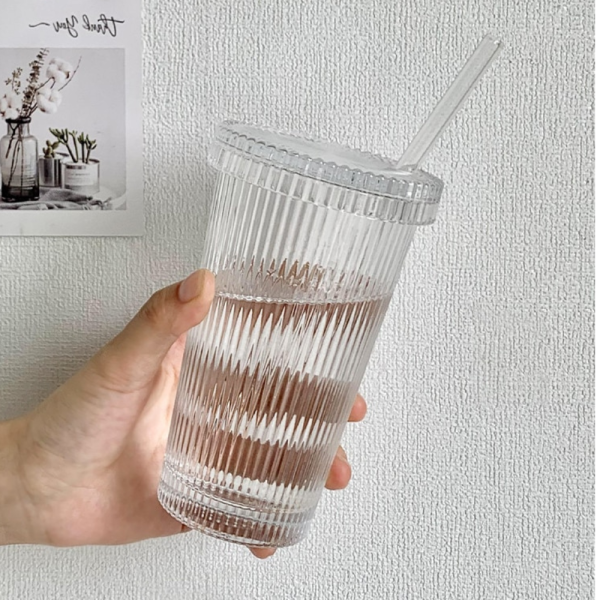 Simple Stripe Glass Coffee Mug – 400ml Transparent Cup with Handle for Hot or Cold Drinks