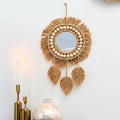 Round Macrame Hanging Mirror Handmade Room Decorative