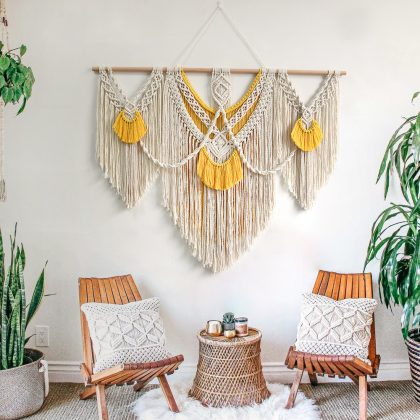 Yellow Large Bohemian Macrame Tapestry Wall Hanging Background Decoration